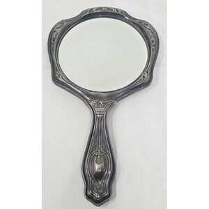 Antique Art Nouveau Silver Plated 10" Hand Vanity Mirror Victorian Design 1905